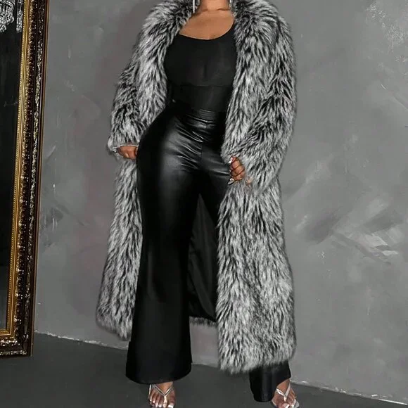 Black And White Preppy Women's Faux Fur Long Coat